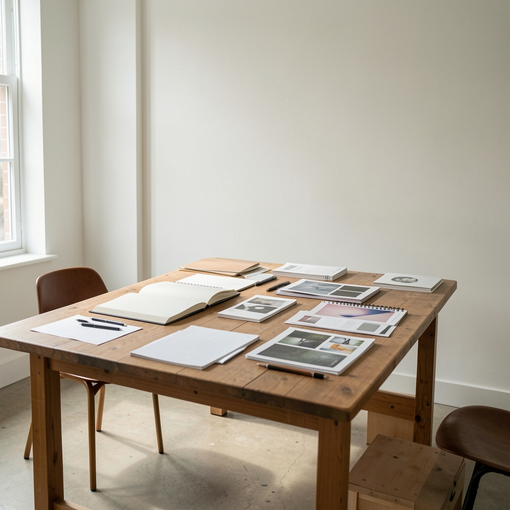 Wide editorial photograph of a clean, light-filled studio workspace with a long wooden table, open notebooks, scattered reference materials, and pale walls, evoking a considered editorial environment in natural morning light