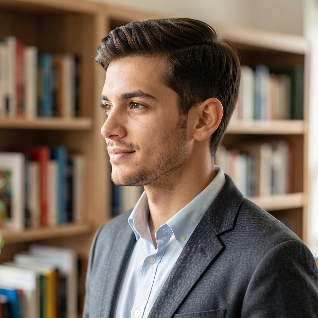 Portrait photograph of Tobias Marsden, contributing writer at Graliven Press, photographed in profile in a softly lit editorial workspace with bookshelves visible in the background