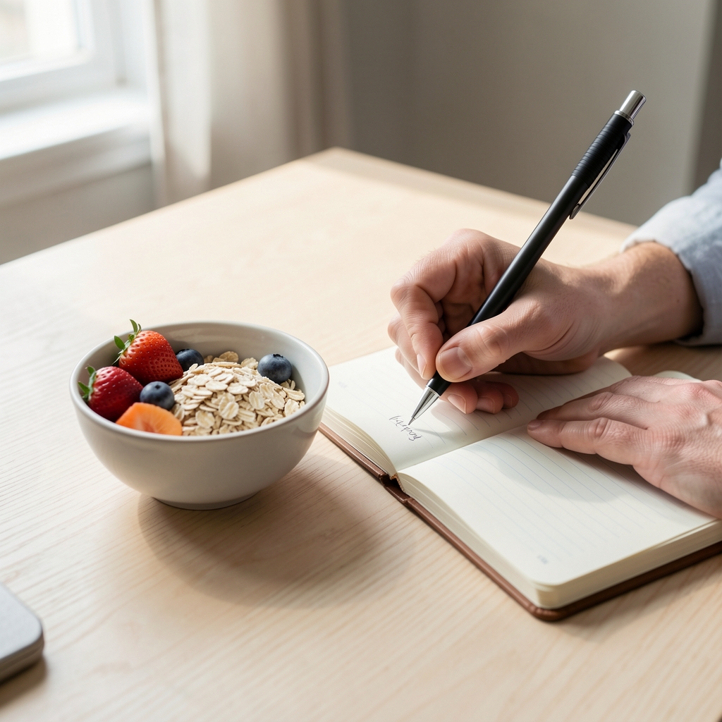 Close-up editorial photograph of a person's hands writing in a notebook beside a small bowl of oats and fruit on a pale wooden desk in natural morning light, illustrating a mindful approach to daily food tracking