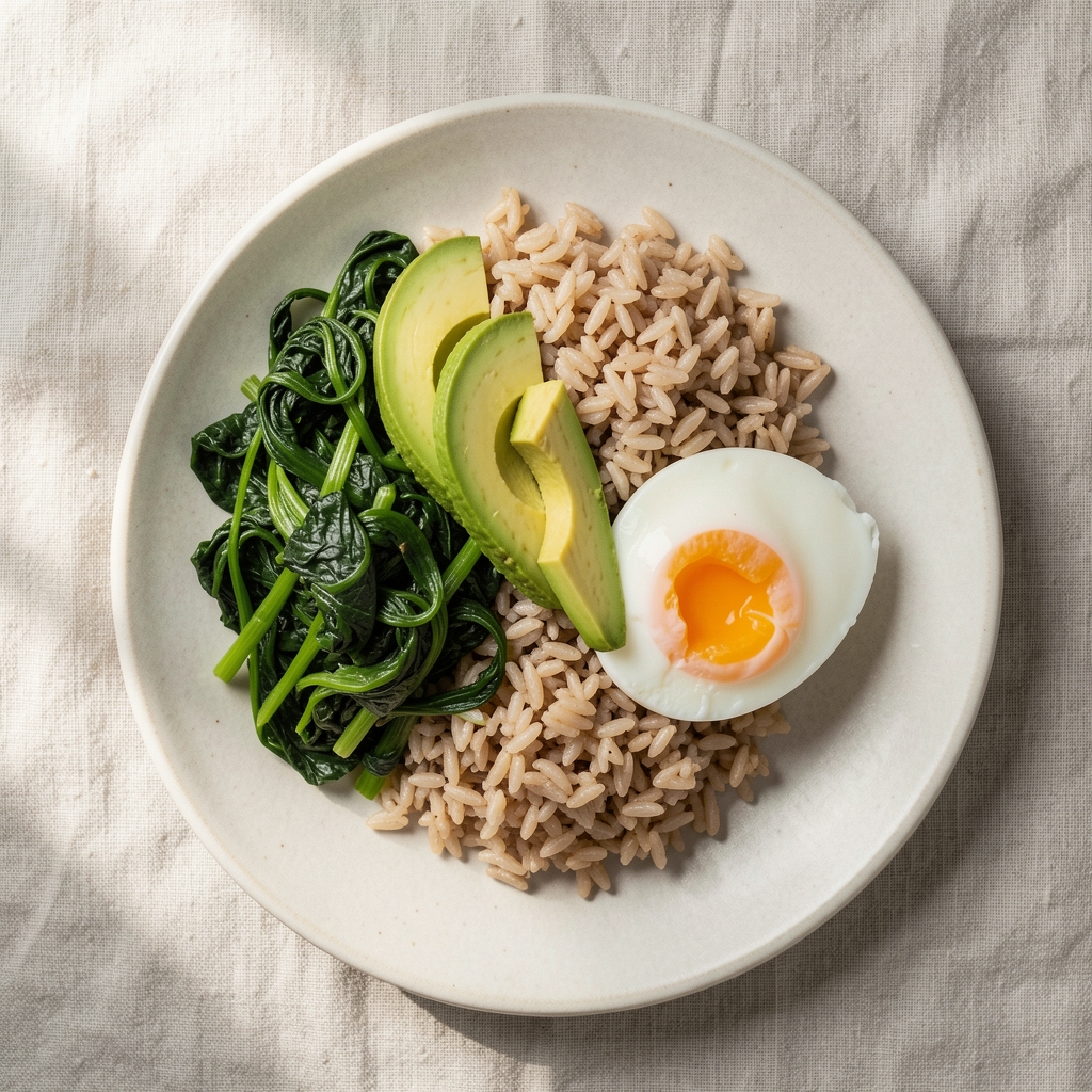 Overhead shot of a balanced meal arranged on a pale plate — brown rice, steamed greens, sliced avocado, and a soft-boiled egg — on a light linen surface with natural side-lighting