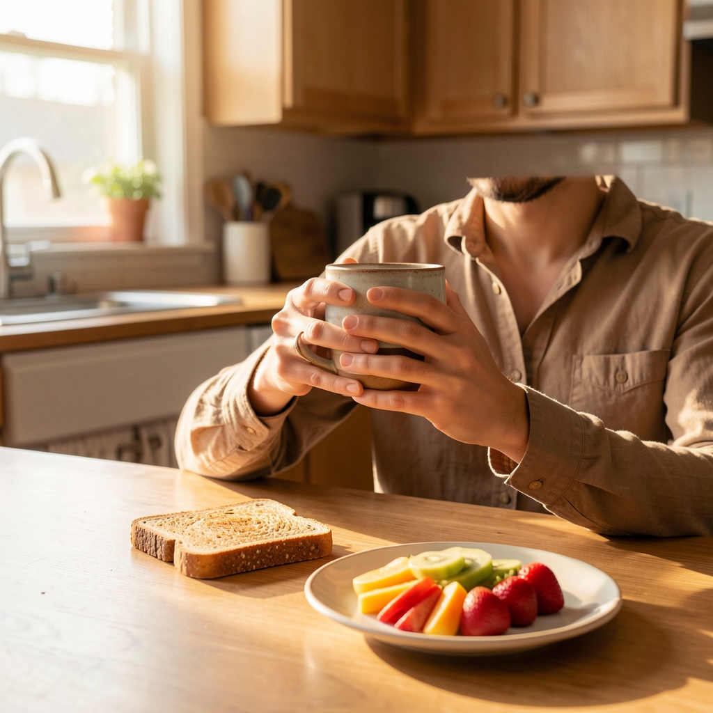 Split editorial photograph showing two distinct textures side by side — a piece of whole grain bread on the left and a small clear dish of olive oil on the right — suggesting the concept of switching between fuel sources