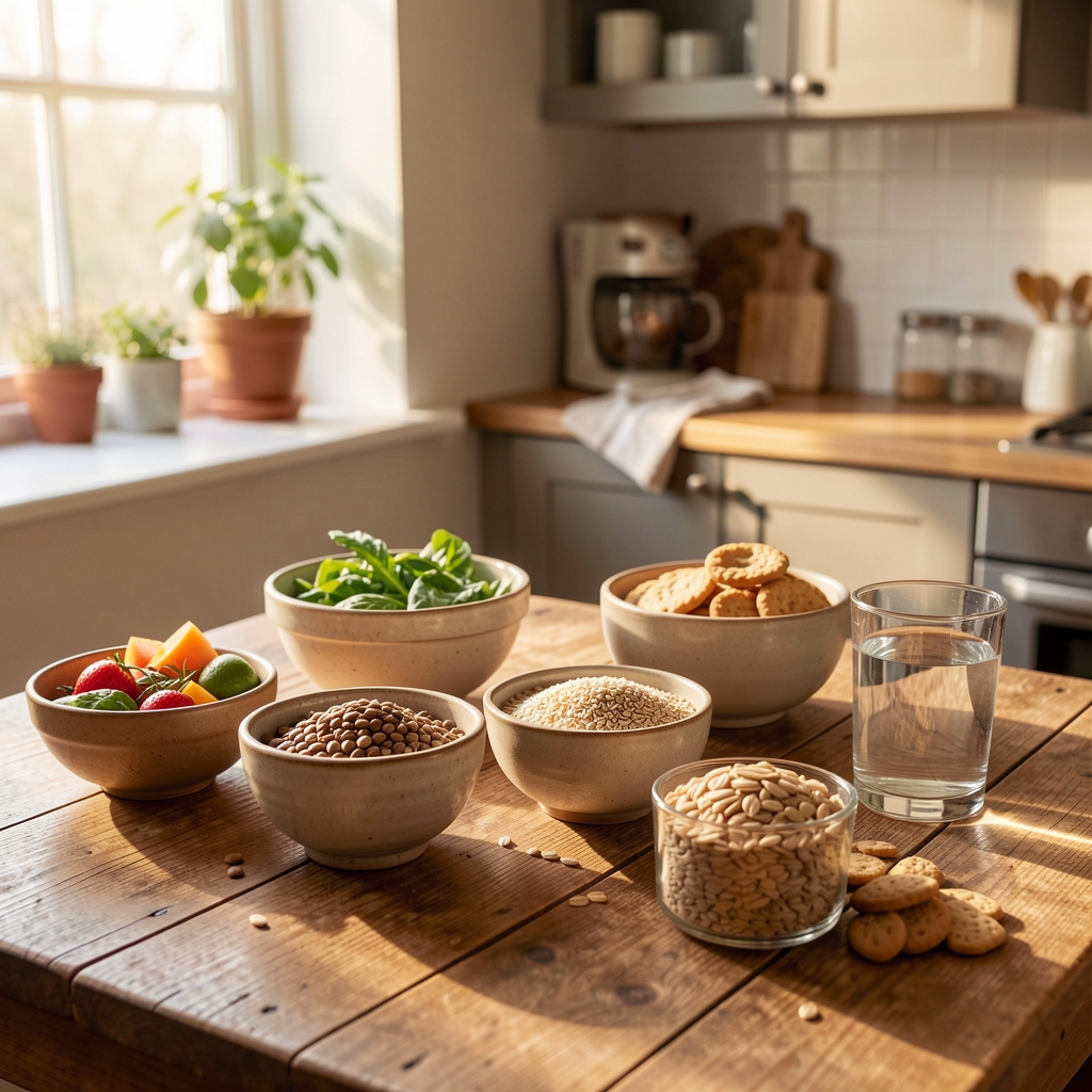 Warm editorial kitchen scene with natural morning light falling across a wooden table set with whole foods, grains in ceramic bowls, and a glass of water, evoking a considered daily eating routine