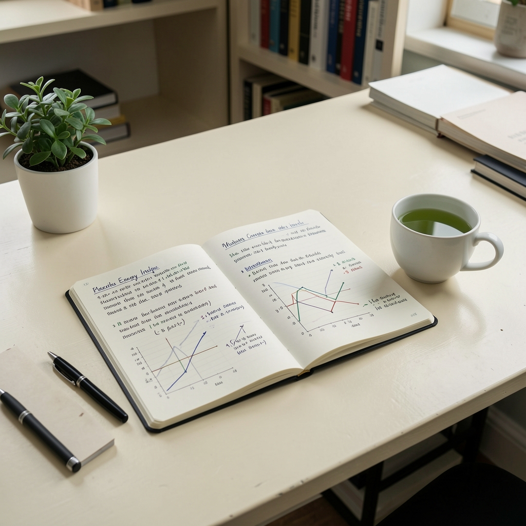 An open scientific notebook with handwritten notes and charts about energy intake and metabolic observations, alongside a cup of green tea and a small plant on a cream-painted desk in a quiet editorial office