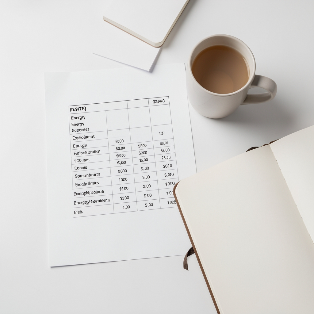 Overhead view of a minimal workspace with a printed data chart showing energy expenditure categories alongside a plain ceramic mug and open notebook, in clean studio lighting