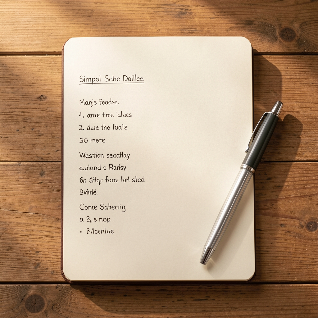 Flat lay editorial image of a simple daily meal schedule written in a plain notebook with a pen resting across it, on a warm-toned wooden surface in soft morning light