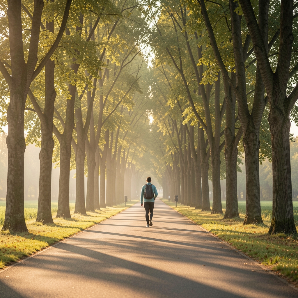 Wide editorial photograph of a person walking along a quiet tree-lined path in early morning light, their figure small against the scale of the surroundings, evoking a calm daily movement practice