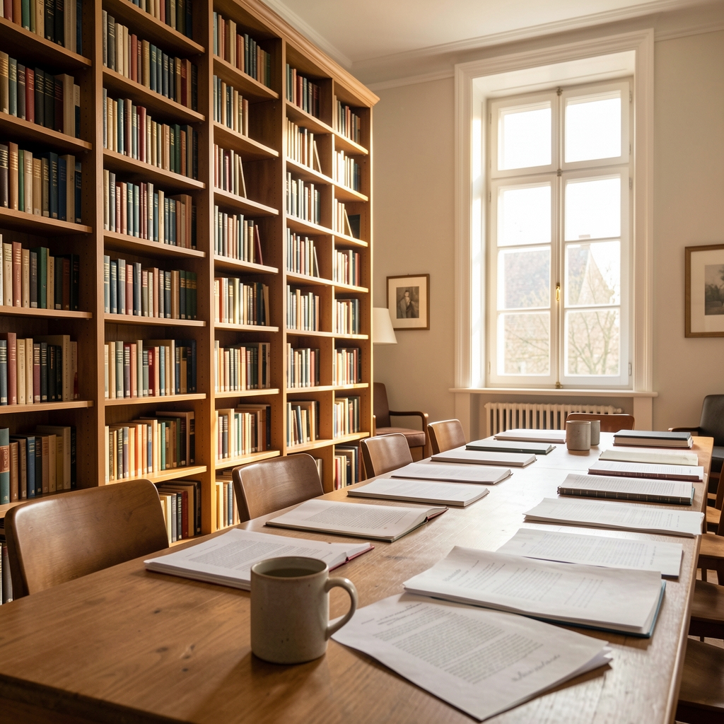 Editorial photograph looking into a bright reading room with floor-to-ceiling bookshelves on the left wall, a long table with scattered papers and a ceramic mug in the foreground, and a tall window casting soft afternoon light across the scene